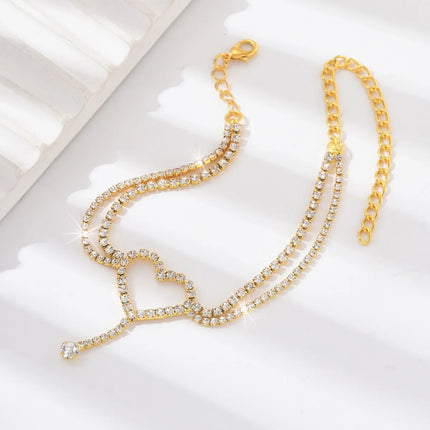 Shiny Bling Heart Drop Tassel Charm Double Layer Anklet Women Beach Foot Chain Vacation Jewelry Summer