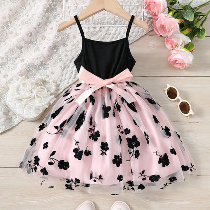 Girls' Spring and Summer Fashion Knit Strap Floral Velvet Mesh Casual Dress Princess Dress Party Holiday Casual Vacation Gift