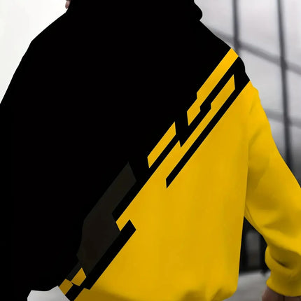 Men's Stylish Color-Blocked Hooded Sweatshirt | Trendy Black & Yellow Sportswear for Fall/Spring | Fashion Loose Fit Casual Top