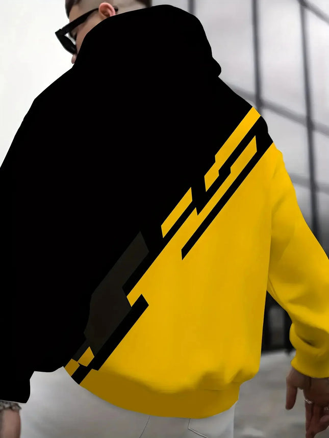 Men's Stylish Color-Blocked Hooded Sweatshirt | Trendy Black & Yellow Sportswear for Fall/Spring | Fashion Loose Fit Casual Top