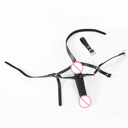 BDSM Leather Head Harness Double Ended Silicone Dildo Mouth Gag Slave Bondage Mask Adult Sex Toy Role Play Fetish Gear Tools