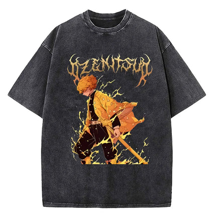 Japanese Anime Demon Slayer Printed Washed T-shirt Men Manga Casual T-shirts Harajuku Male Cotton T-shirt