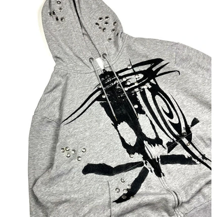 Retro Light Grey Zipper Hoodie for Men And Women Harajuku Style Gothic Chicken Eye Pattern Printed Casual Streetwear Sportswear