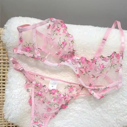 YUQI French Elegant Lingerie Set-Floral Embroidery Semi-Transparent Bra & Brief,Black Sensual Women's Underwear Luxury Intimates