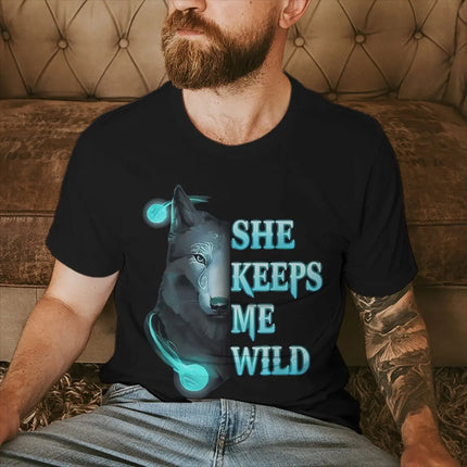 Vintage Wolf Print T Shirt For Couple "He Keeps Me Safe She Keeps Me Wild" Women Men Harajuku Husband Wife Anniversary Tshirts