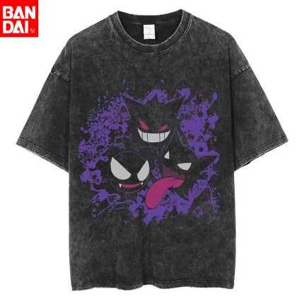 Pokemon Gastly Haunter Gengar Graveyard Print T Shirt Men 2026 Summer Vintage Acid Wash Oversized Tee Anime Streetwear Harajuku
