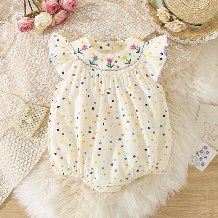 Baby Jumpsuit For 3 To 18 Months Flower Embroidered Colorful Polka Dots Printed Bodysuit