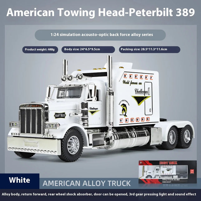 1:24 Peterbilt 389 alloy car model, with lighting and simulated sound effects, Toy Trucks for Boys gift