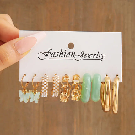 Green Butterfly Heart Dangle Earring Set for Girls Acrylic Gold Color Pearl Set Ear Rings 2023 New Fashion Jewelry Gifts
