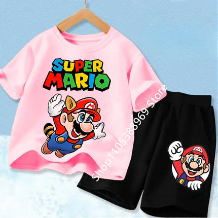 Super Marios Printed Kids Tracksuit Set Short Sleeve T Shirt & Loose Shorts 2PCS Casual Outfit For Boys And Girls Age 3-12