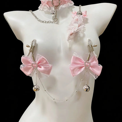 Pink Bow Bell Nipple Clamps Reast Punishment BDSM Training Erotic Collar and Chain 2 Styles To Choose From Adult Sex Toys 18+