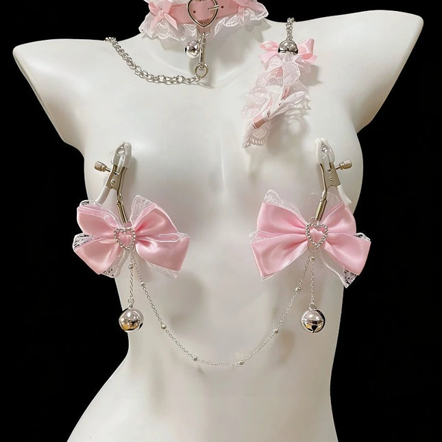 Pink Bow Bell Nipple Clamps Reast Punishment BDSM Training Erotic Collar and Chain 2 Styles To Choose From Adult Sex Toys 18+