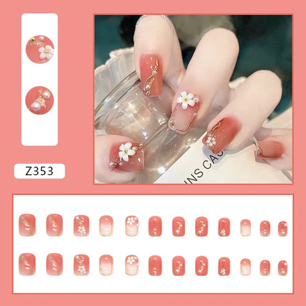 White Camellia 24 Pcs Press on Nails Pink Nail polish Glossy Artificial Finger Manicure Reusable False Nails
