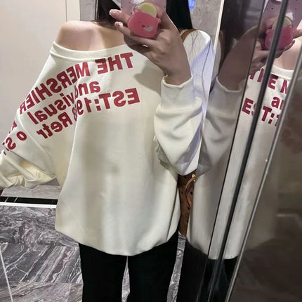Sexy Oversized T-shirt Women Streetwear Letter Print Skew Collar Off Shoulder Long Sleeve Basic Top Korean Fashion Loose T-shirt