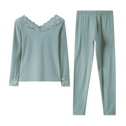 Women's Thermal Underwear Cotton Woman Winter Clothing Sexy Lingerie Set Long Johns Lace Bottoming Thermal Shirt Pant Sets 2Pcs