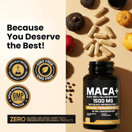 Organic Maca Root Powder Capsules 1500mg with Black Pepper Extract & Maca Root Extract, Energy & Mood Supplemet for Men & Women