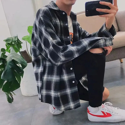 Casual Plaid Long Sleeve Men's Shirt Autumn Korean Style Loose Fashionable Outerwear Couple's Casual Shirt Comfortable Fit