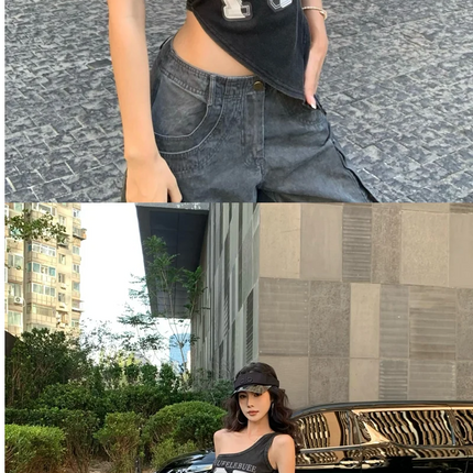 American High Street Hot Girl Slanted Collar Off-Shoulder Irregular Letter Print Camisole Vest Women's Retro Slit Top Y2K 2000s