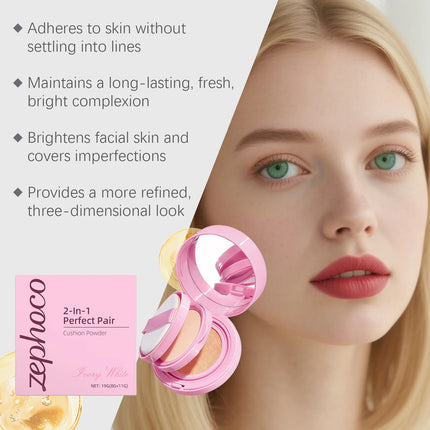 Zephoco 2 in 1 Pressed Powder Cushion Foundation Oil Control Matte Loose Setting Powder Deep Hydration Face Cushion Foundation