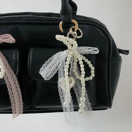 Imitation Pearls Lace Bowknot Keychain Sweet Beaded Pendant Keyring for Women Handbag and Backpack Key Chain Exquisite Ornament