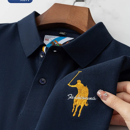 Luxury Embroidery Men's Polo Shirt Summer Thin Breathable 100% Cotton Black Navy Blue Lapel Short-Sleeved Tops Brand Clothing
