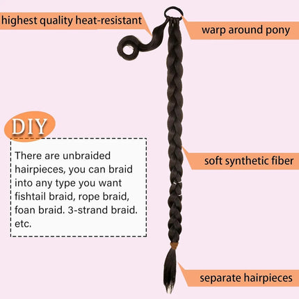 30inch Synthetic Long Braided Ponytail Hair DIY Straight Wrap Around Hair Ponytail Extension Natural Soft Hairpiece for Women