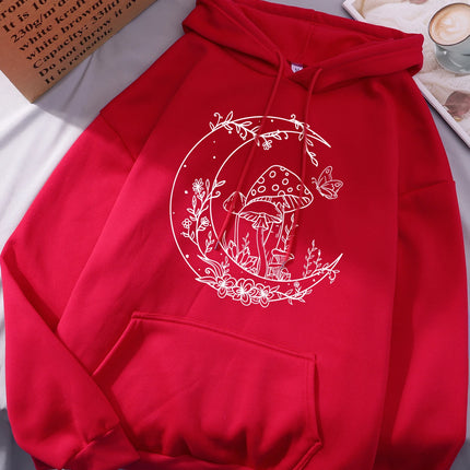 Mushroom Butterfly Moon Flower Prints Women Hoodies Autumn Pocket Streetwear Loose Casual Pullover Comfortable Fleece Hoody