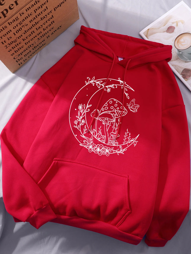 Mushroom Butterfly Moon Flower Prints Women Hoodies Autumn Pocket Streetwear Loose Casual Pullover Comfortable Fleece Hoody