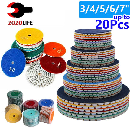 Top！1-20Pcs 3/4/5/6/7Inch Diamond Polishing Pads Wet/Dry Flexible Pads For Granite Stone Concrete Marble Sanding Grinding Discs