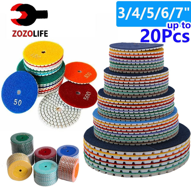 Top！1-20Pcs 3/4/5/6/7Inch Diamond Polishing Pads Wet/Dry Flexible Pads For Granite Stone Concrete Marble Sanding Grinding Discs