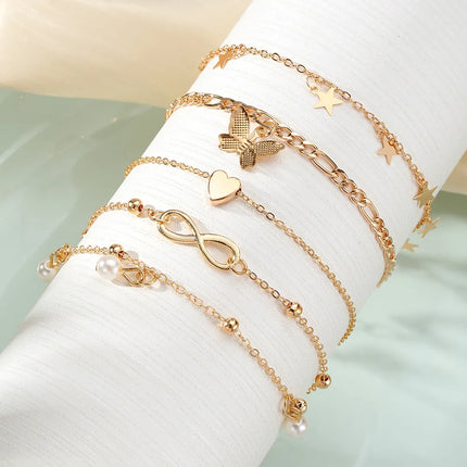 5pcs Boho 8 Charm Anklet Set for Women Vintage Pearl Butterfly Star Heart Pendant Chain Leg Jewelry for Summer Beach