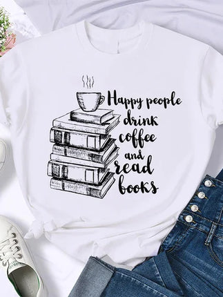 Coffee Books Brown books American retro T-shirt woman round neck half sleeve T-shirt printed T-shirt top woman oversized