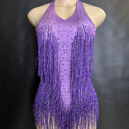 Sparkly Rhinestones Fringe Bodysuit WomenVightclub Party Dance Costume Stage Wear SexyTassel Leotard Performance Clothing G7
