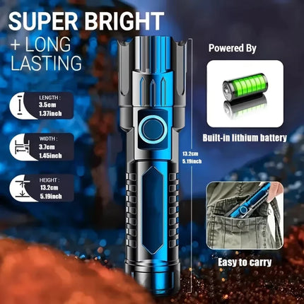 Super Bright LED Flashlight USB Rechargeable Torch with Built-in Battery Telescopic Zoom Lantern for Outdoor Hiking Fishing