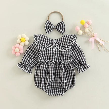 2Pcs Infant Baby Girl Spring Autumn Outfit, Plaid Doll Collar Long Sleeve Ruffle Romper + Hairband Set for Infants, 0-18 Months