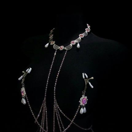 Pink Gemstone Necklace Nipple Clamps Erotic Tassel Body Chain 5 Sizes of Butt Plugs Chest Stimulation Integrated BDSM Restraint