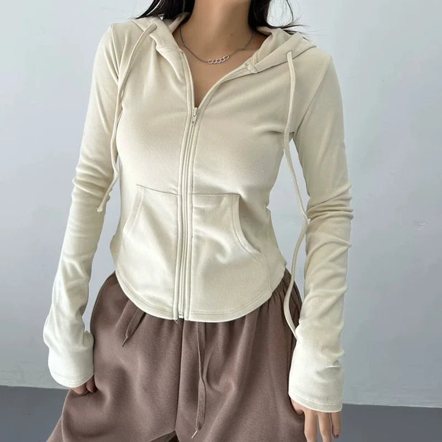 Women's Slim Fit Hooded Zip Up Sports Sweatshirt | Autumn Cropped Casual Jacket Long Sleeve Athletic Outerwear K Pop Clothes
