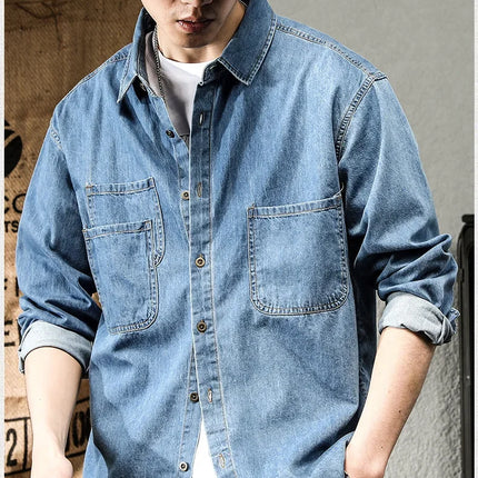 Retro American Style Long Sleeve Denim Workwear Shirt Jacket Men's Fashion Versatile Spring Outerwear Classic Look