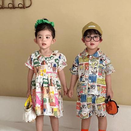 RAISE Children Summer Shirts Outfits Boys Vacation Suit 2026 Kids Girls Print Dress Brother Sister Outfits Siblings Matching Set