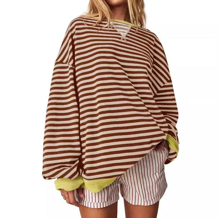 Casual Embroidered Striped Splicing Long Sleeve Crew Neck Pullover Hoodie Women's Clothing Comfortable Breathable Streetwear