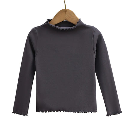 Autumn-Winter Girls Long Sleeve Solid Color Ruffled Collar T-Shirt Girls Fashionable Comfortable Everyday Wear T-Shirt