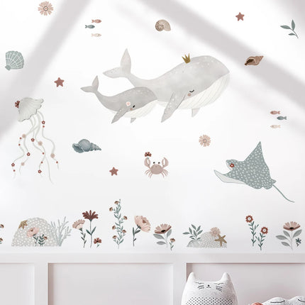 Watercolor Whale Wall Decals Ocean Animal Wall Sticker Under The Sea Marine Life Theme Decals Nursery Kids Room Decor