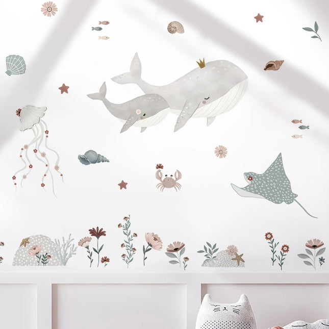 Watercolor Whale Wall Decals Ocean Animal Wall Sticker Under The Sea Marine Life Theme Decals Nursery Kids Room Decor