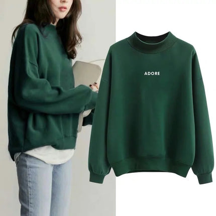 Women's Fce-Lined Hoodie Loose Fit High Ne Letter Print Top Korean Sle Autumn Winter New Arrival Student Faion