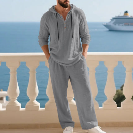 Men's Cotton Linen Casual Set 2 Pieces Spring Summer Loose Fit Hooded Shirt & Pants Set Breathable Vacation 2 Piece Set for Man
