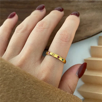 2PCS/Set Stainless Steel Rainbow Color Cubic Zircon Stone Finger Rings for Women INS Gold Color Waterproof Stars Ring Jewelry