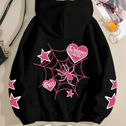 Spider Star Printed Hoodies Street Sporty Women Sweatshirts Comfortable Crewneck Pullover Loose Fleece Female Tops Clothes