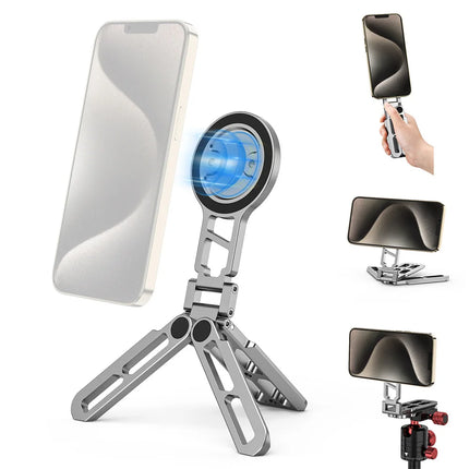 Foldable Magnetic Selfie Stick Tripod w Arca Plate 1/4-20 Cold Shoe Desktop Phone Tripod Mount for Magsafe Iphone 15 14 Samsung