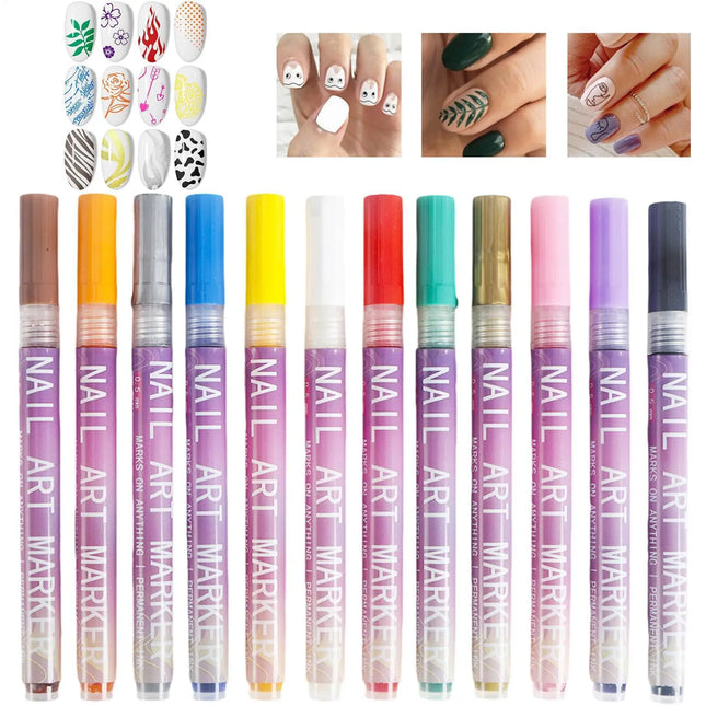 Nail Markers 12 Colors Quick Dry Manicure Art Painting Kit Fine Tip Graffiti Dotting Nail Drawing Acrylic Pen for Women Girls