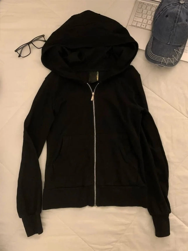 Harajuku Vintage Zipper Hooded Cardigan Korea Fashion Solid Sports Sweatshirt Women New Autumn Winter Casual Warm Clothes 2025